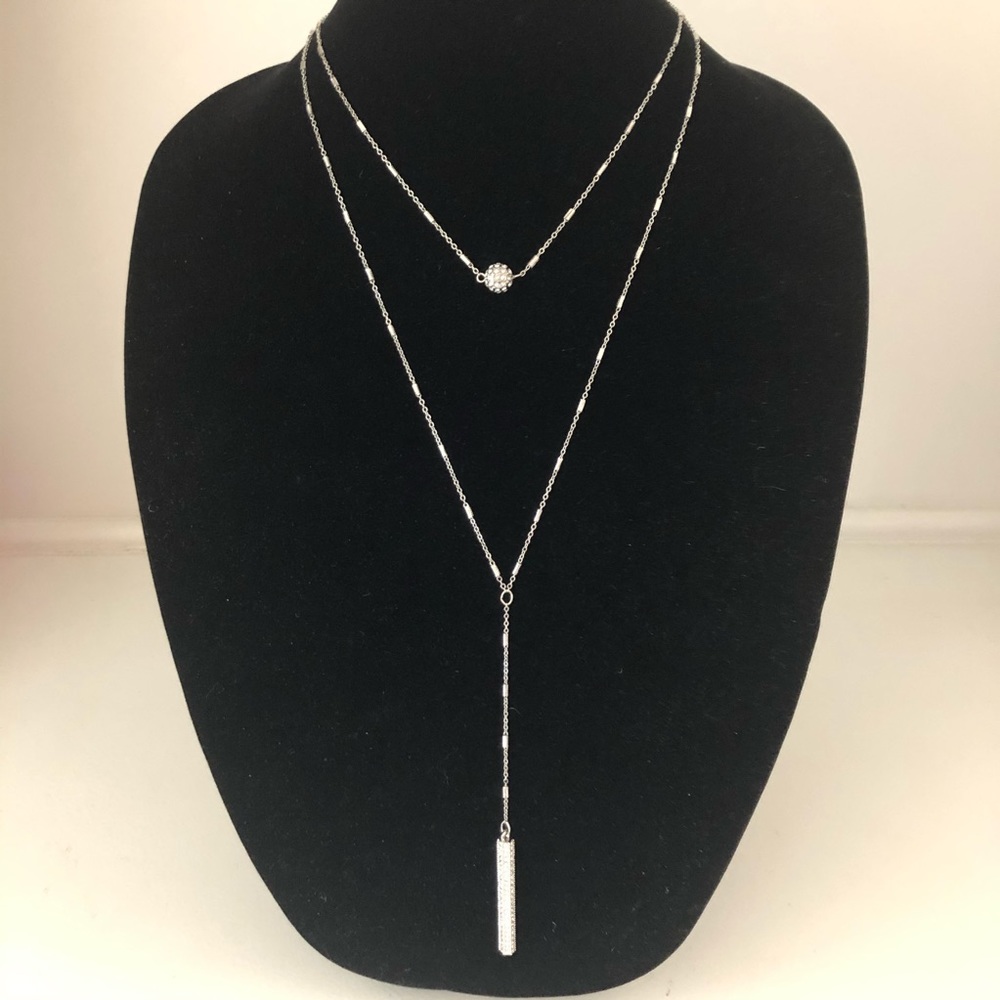 Silver-Tone Double Chain Crystal Accent Necklace